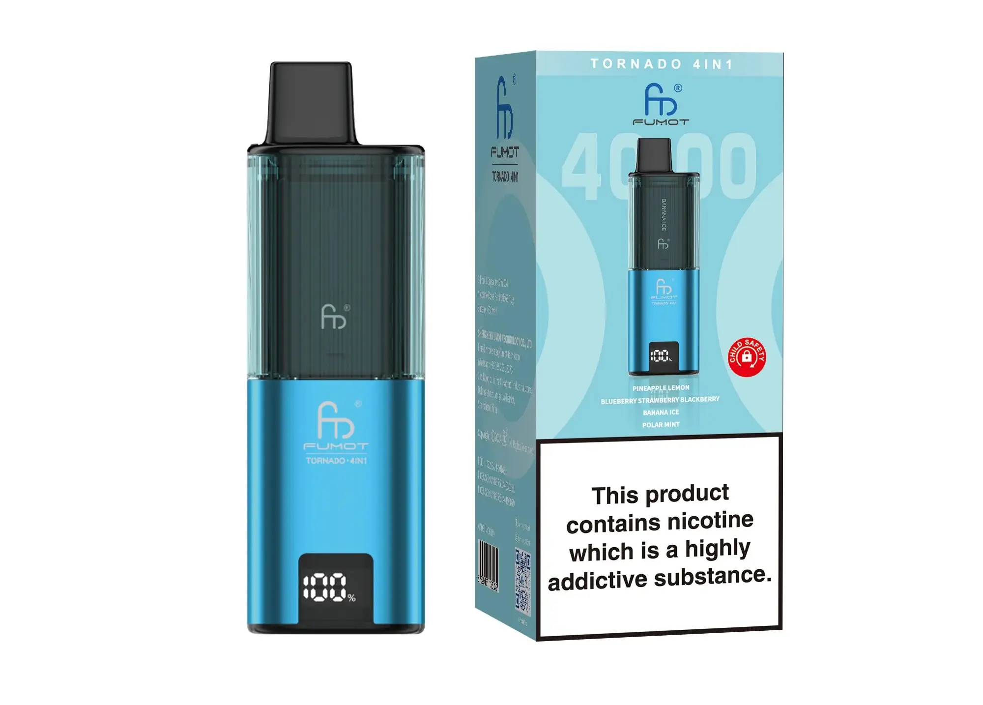 Fumot Tornado 4IN1 Verpackung mit QR-Code zur Echtheitsprüfung